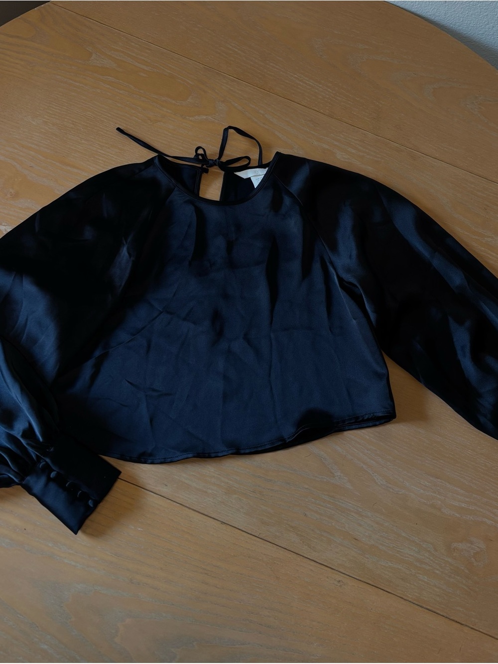 H&M Black Satin Long-Sleeve Crop Top with Tie Back